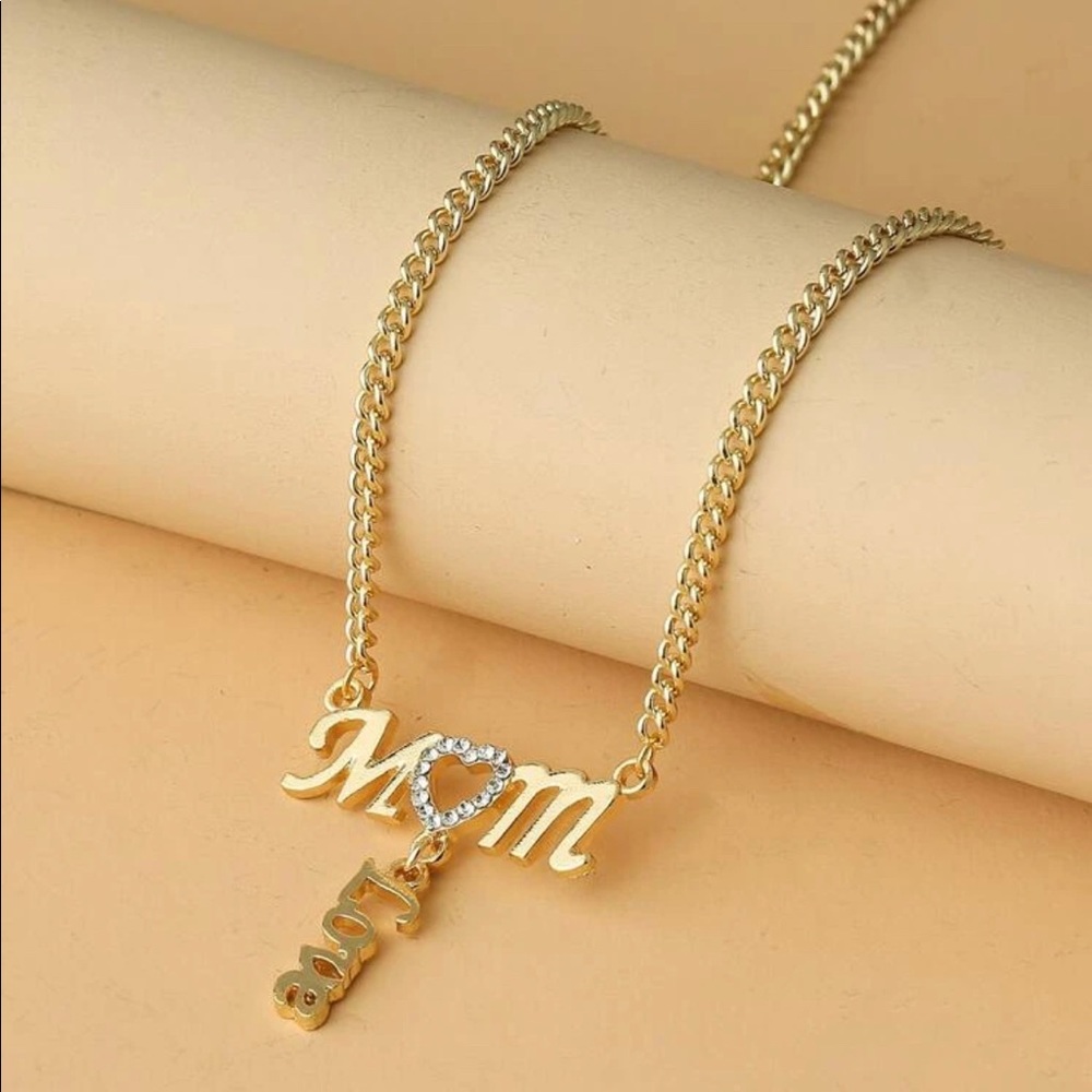 Gold “Mom Love” Dangle Rhinestone Adjustable Chain Necklace